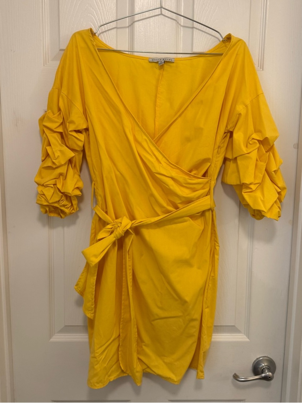 NWOT Haute Monde Yellow Ruffle Tiered Puff Sleeve Faux Wrap Mini Dress